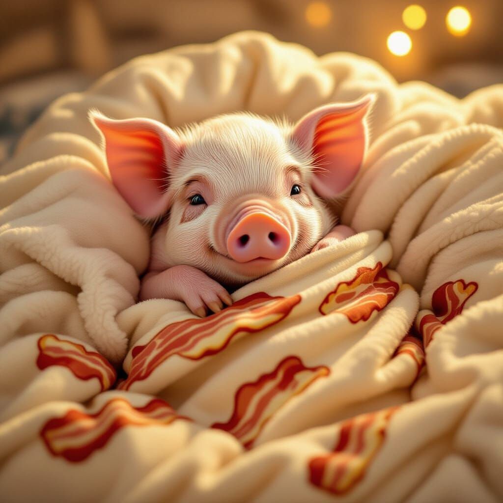 Pig Snuggled in Bacon Blanket: Whimsical Illustration