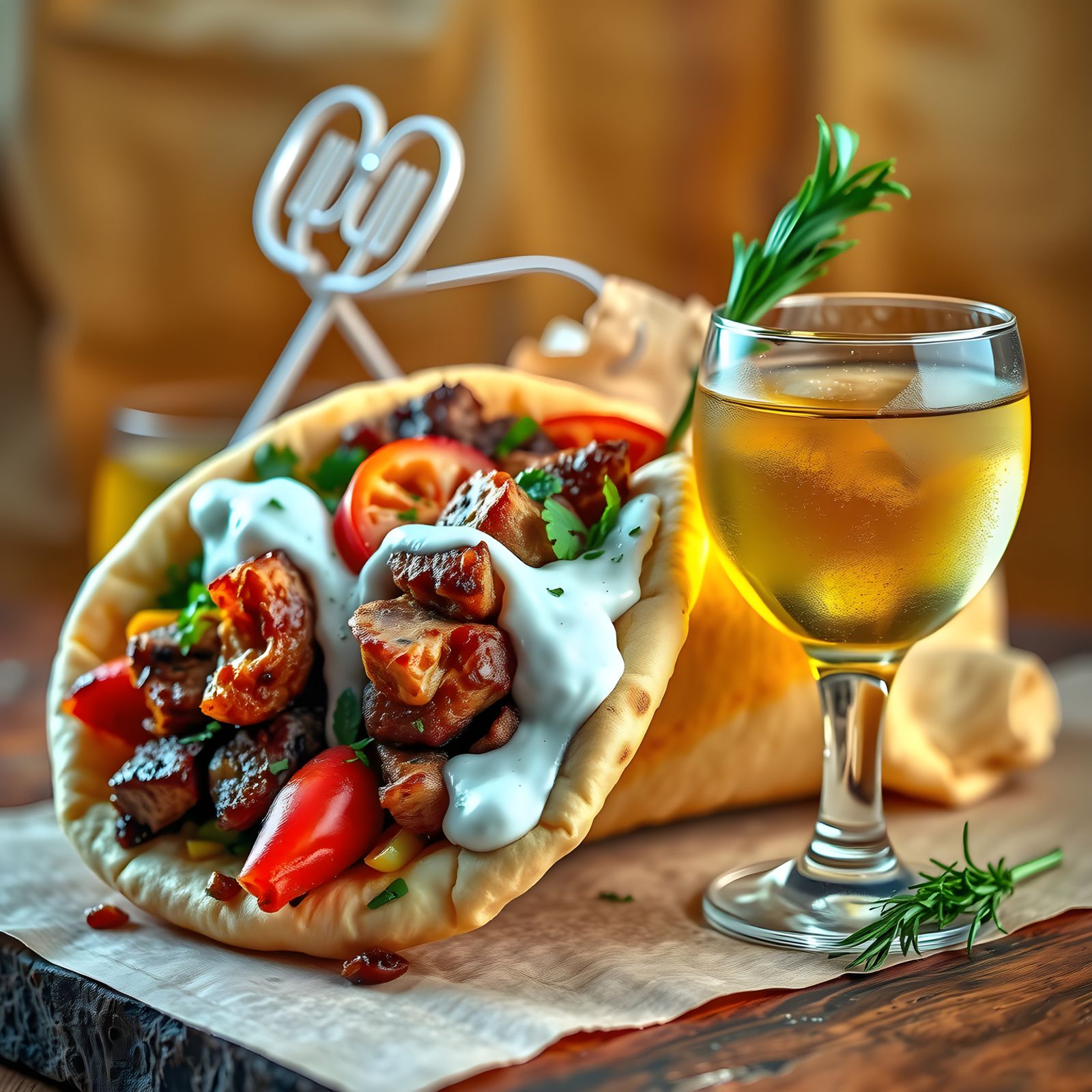 Delicious Greek Souvlaki Gyros with Ouzo, Detailed Art