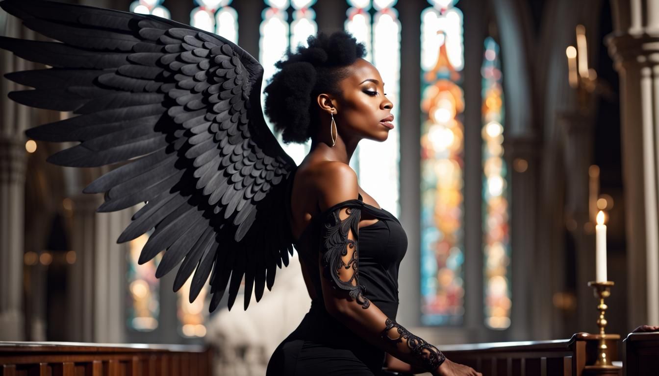 Winged Woman in Black Gazing at Church