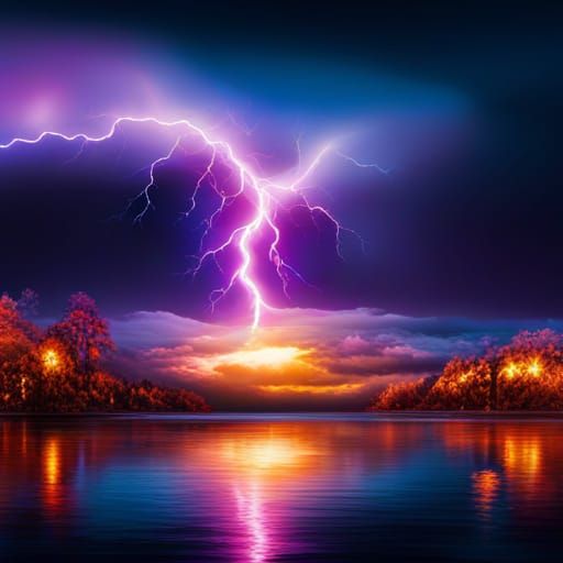 Nighttime Lightning Storm Over Lake: Digital Art