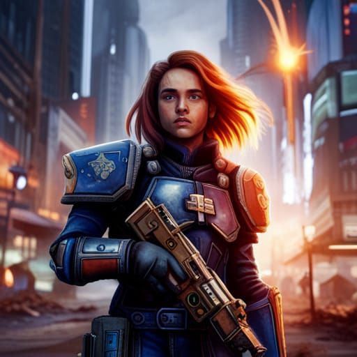 Teenage Soldier in Sci-Fi Cityscape