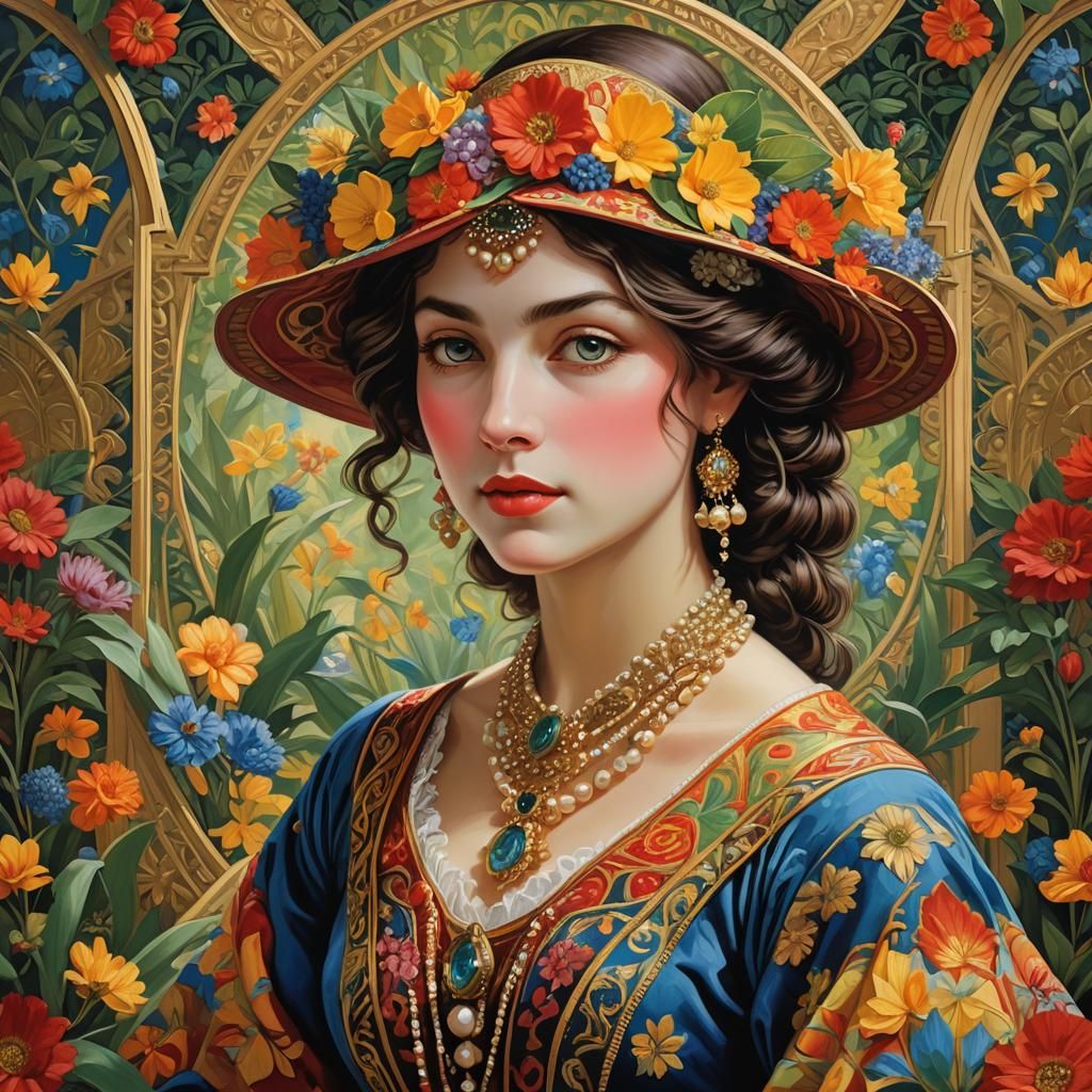 Art Deco Portrait of a Woman in Floral Setting