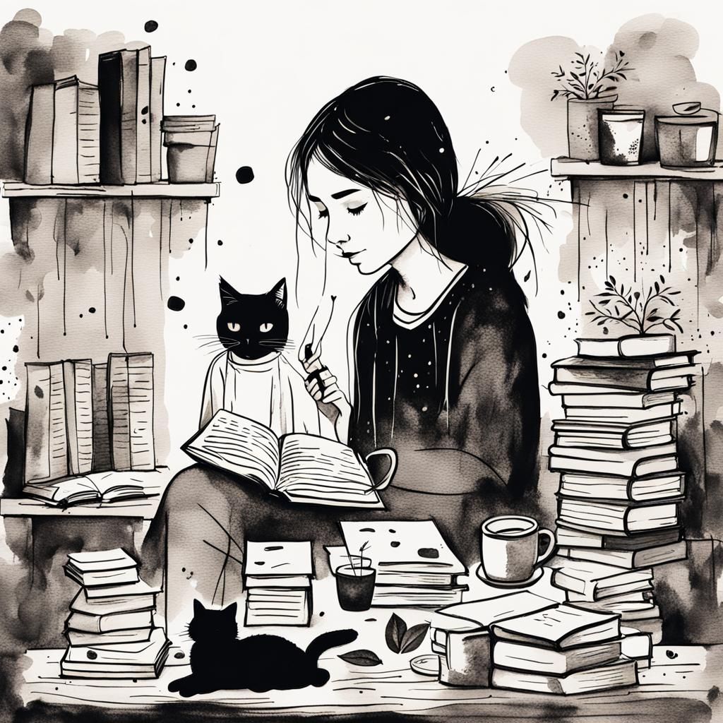 Girl with Coffee, Cat, and Books: Inky Illustration