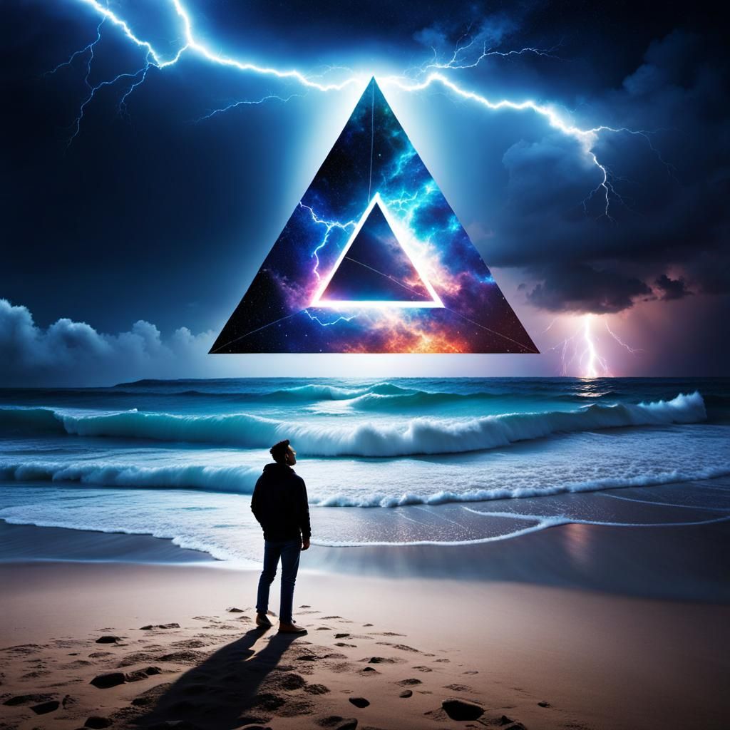 Man Contemplates Enigmatic Triangle in Space