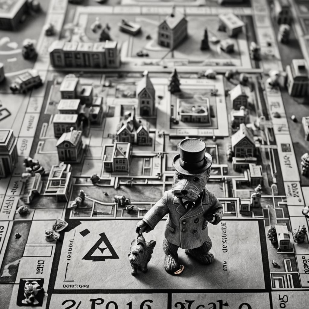 Monopoly Man Walks Dog: Tilt Shift Macro Charcoal