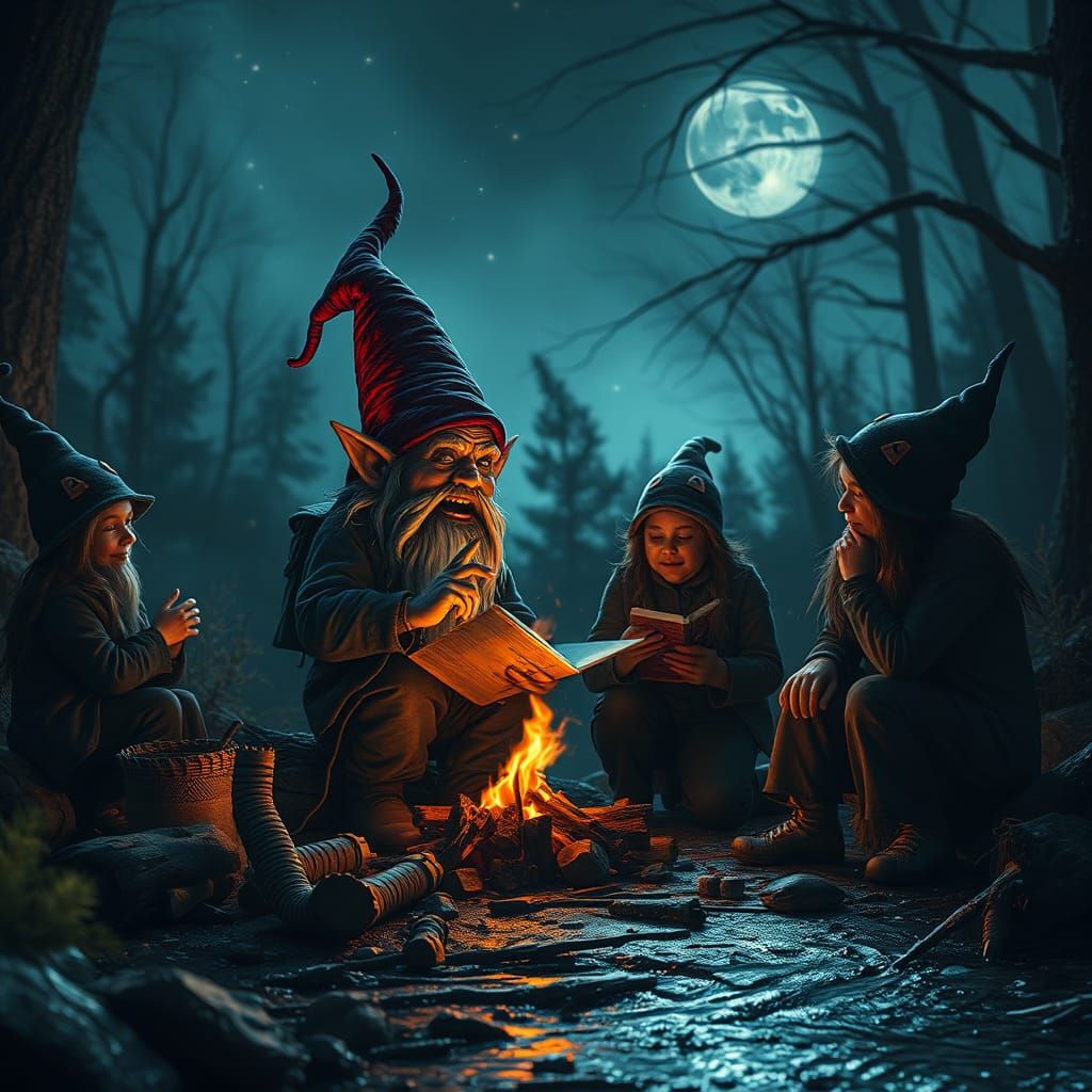 Gnome telling a horror story to others at a campfire