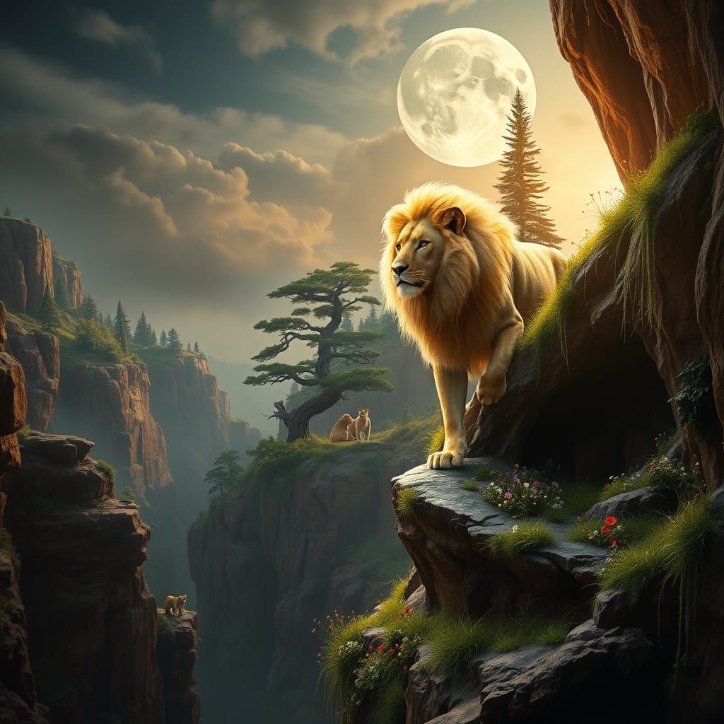 Hyperrealistic Lion Ascends from Rocky Canyon in Vibrant, Go...