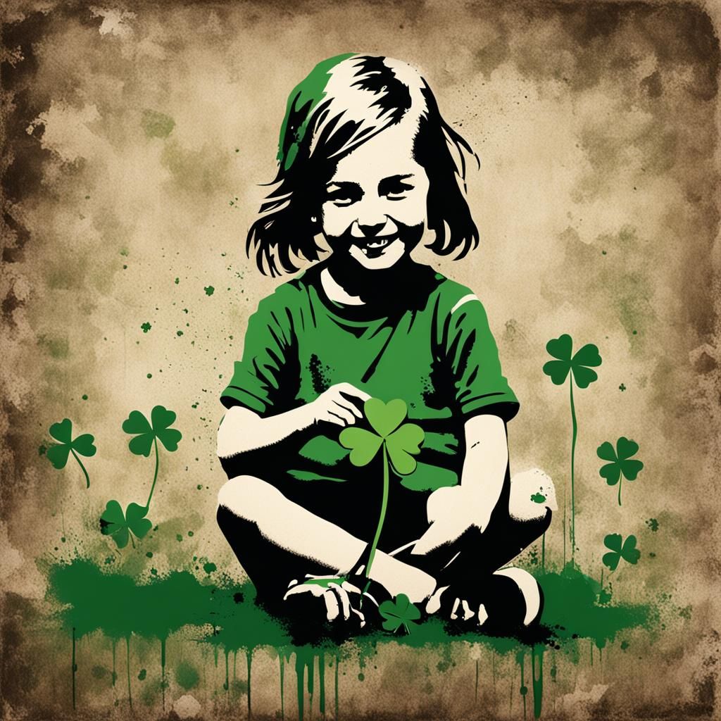 Luck ( Girl piks a four-leaf clover in  banksy Style )