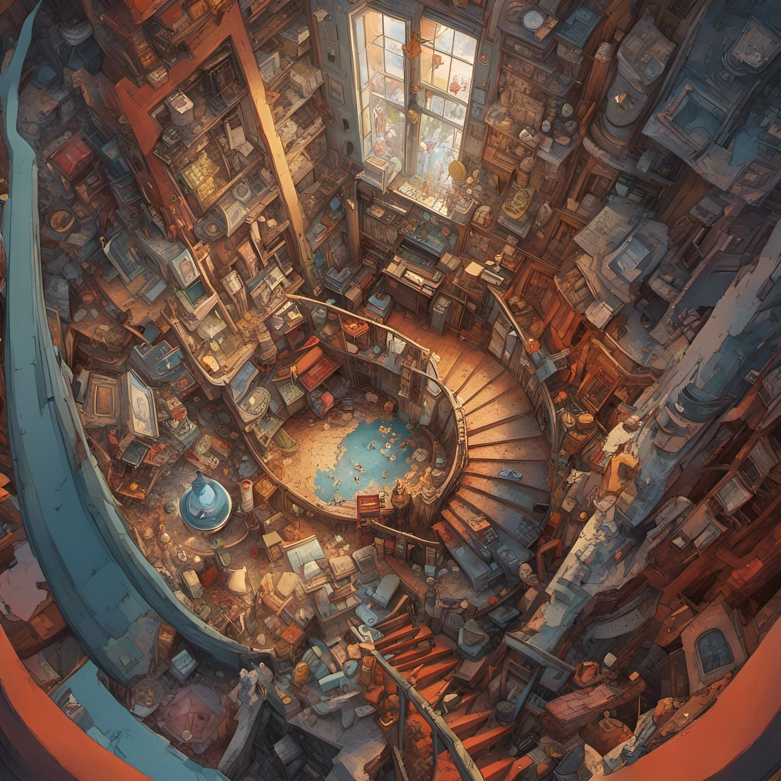 Intricate Staircase Collage Inspired by Escher and Miyazaki