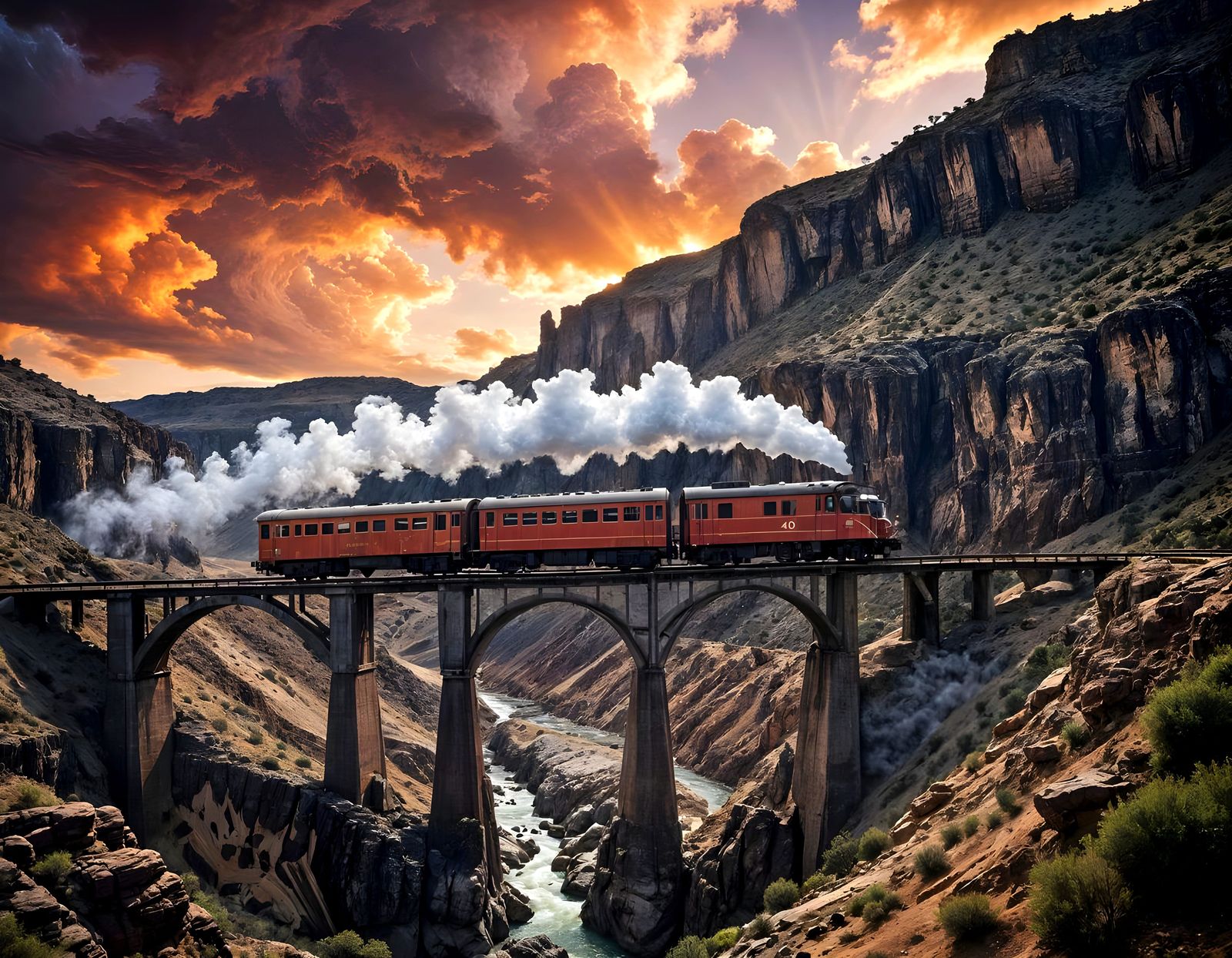 Ethereal Train Crossing a Majestic Mountain Bridge