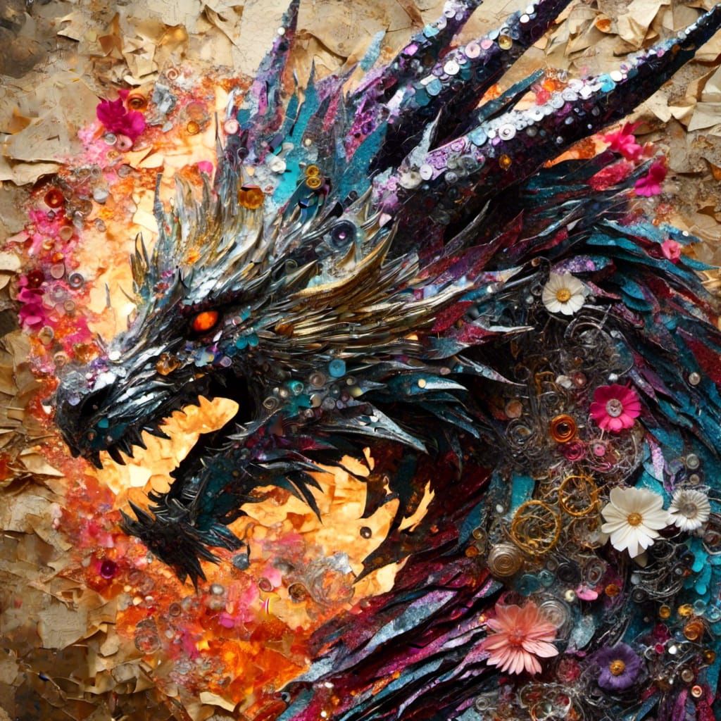 Glittering Dragon Collage Art with Jeweled Harness