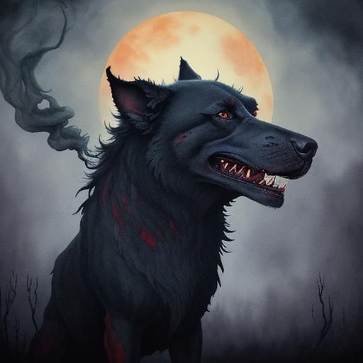 Watercolurs, sinister evil dog, Baginski, Hieronim Bosh, Dali, eerie mist, smoke, red moon.