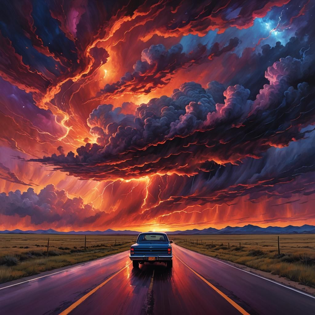 Kansas Road: Surreal Cosmic Illustration with Stormy Sky