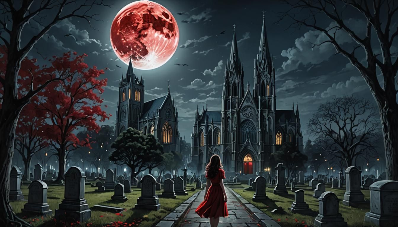 Gothic Cathedral Under Moonlight with Woman in Red