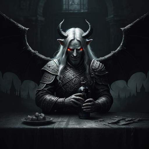 Demon beautiful. Devil horns wings,
Long blonde braids
Smiling
Vodka bottle
Eery dark castle intricate details, HDR, b...