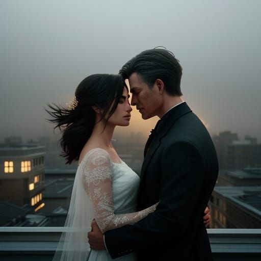 Romantic Rooftop Embrace in Cinematic Style