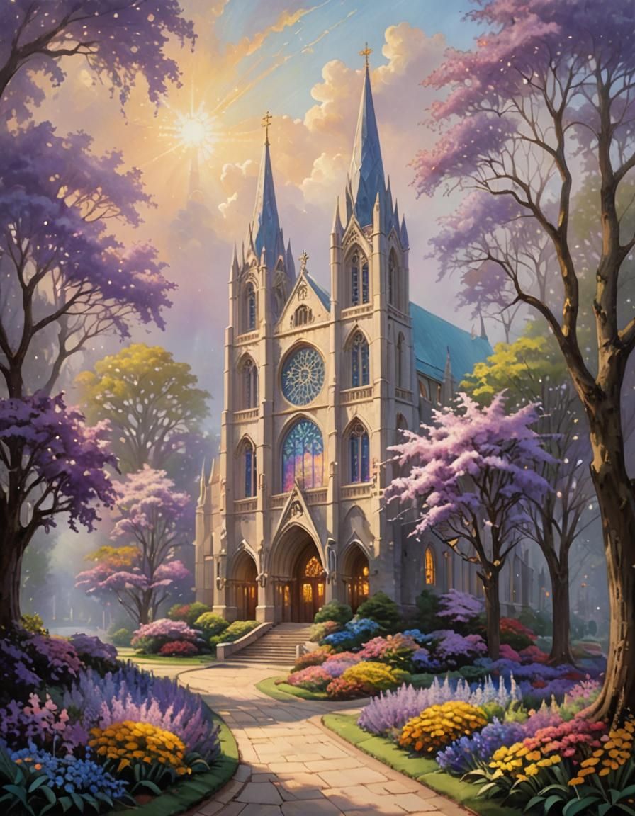 Ethereal Cathedral with Violet Flower in Golden Light