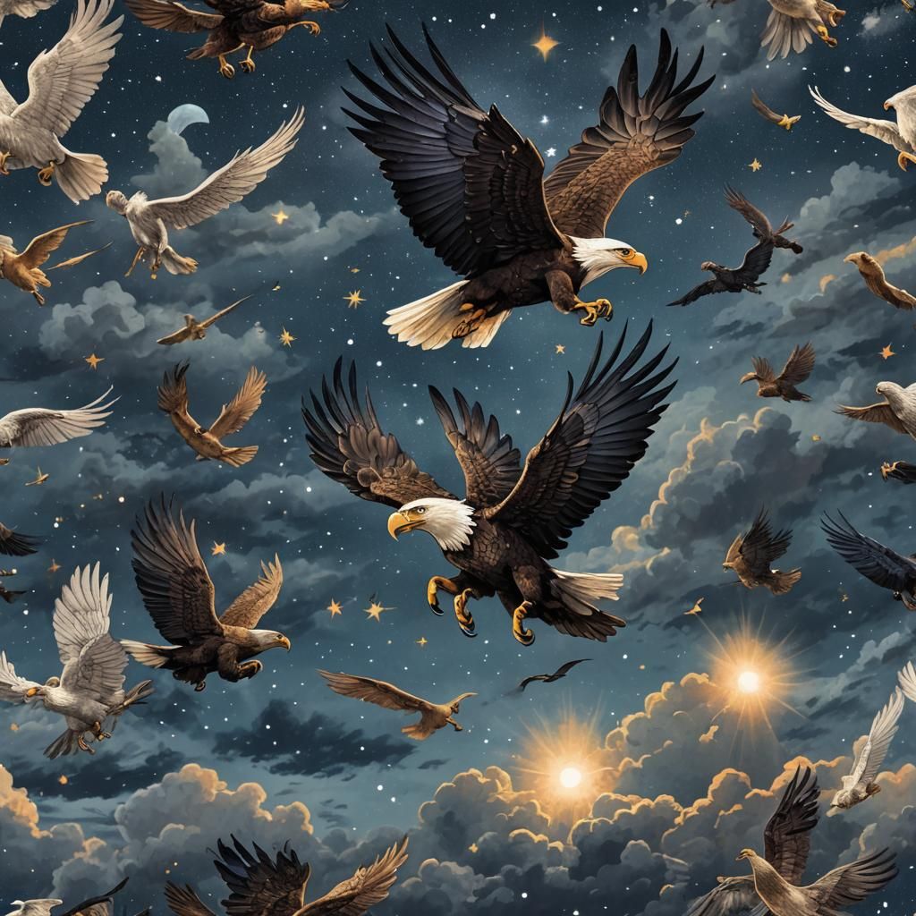 Eagle and Pegasus Fight Under Midnight Sky