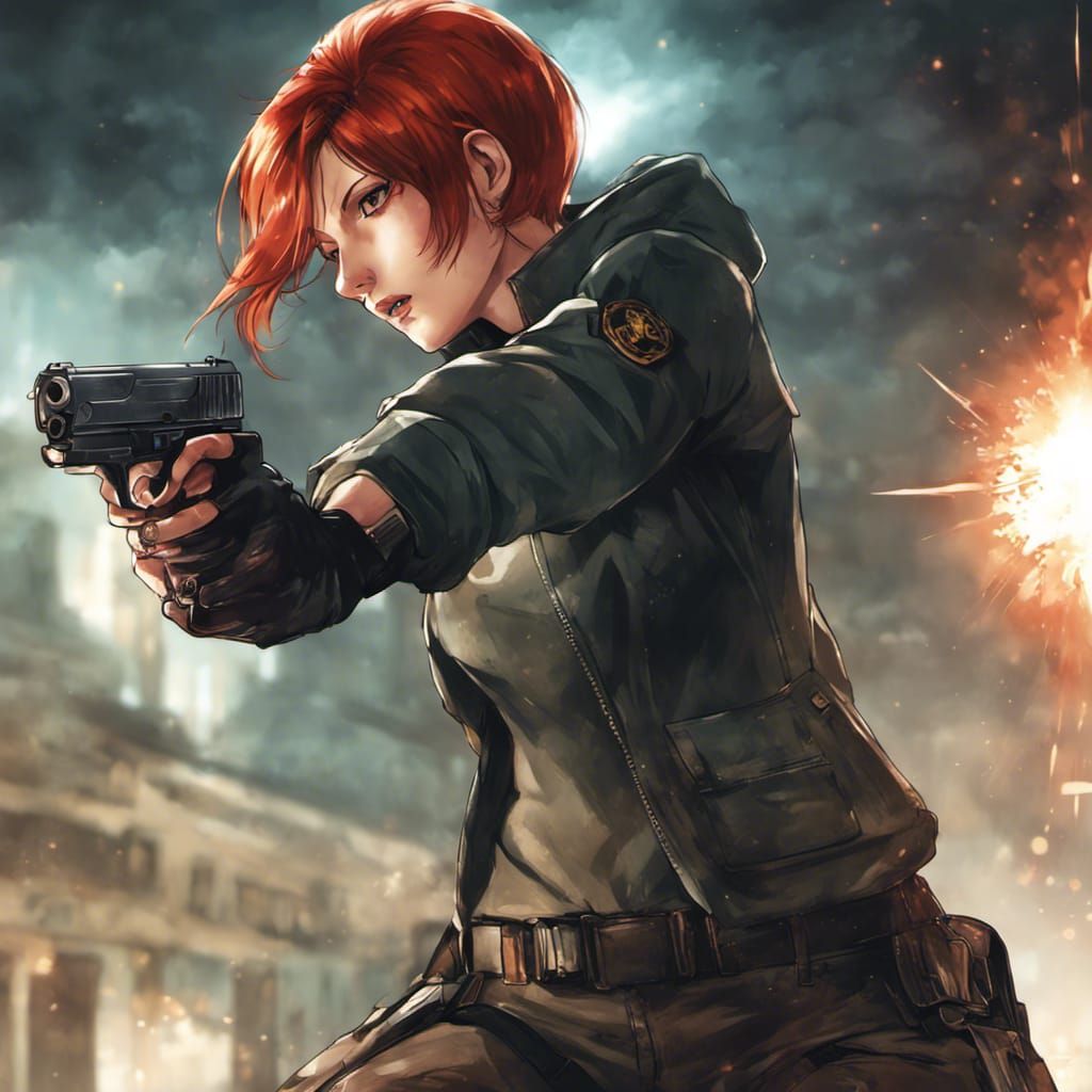 Red Haired Girl Shooting Handgun in Anime Style