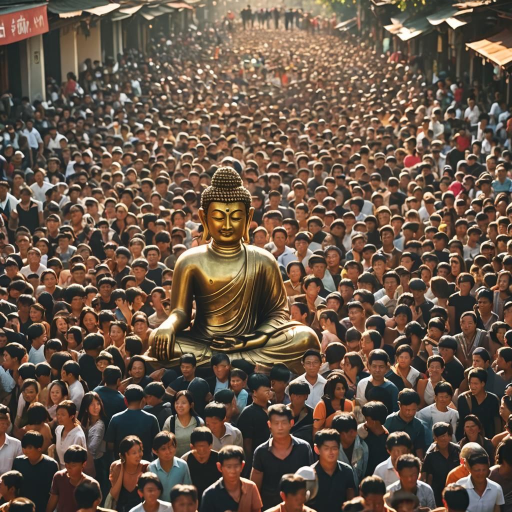 Thai People Procession with Buddha Statue