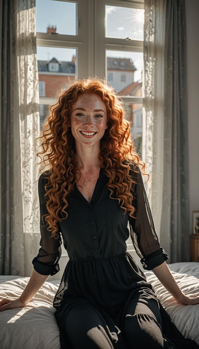 A woman with, long curly ginger hair