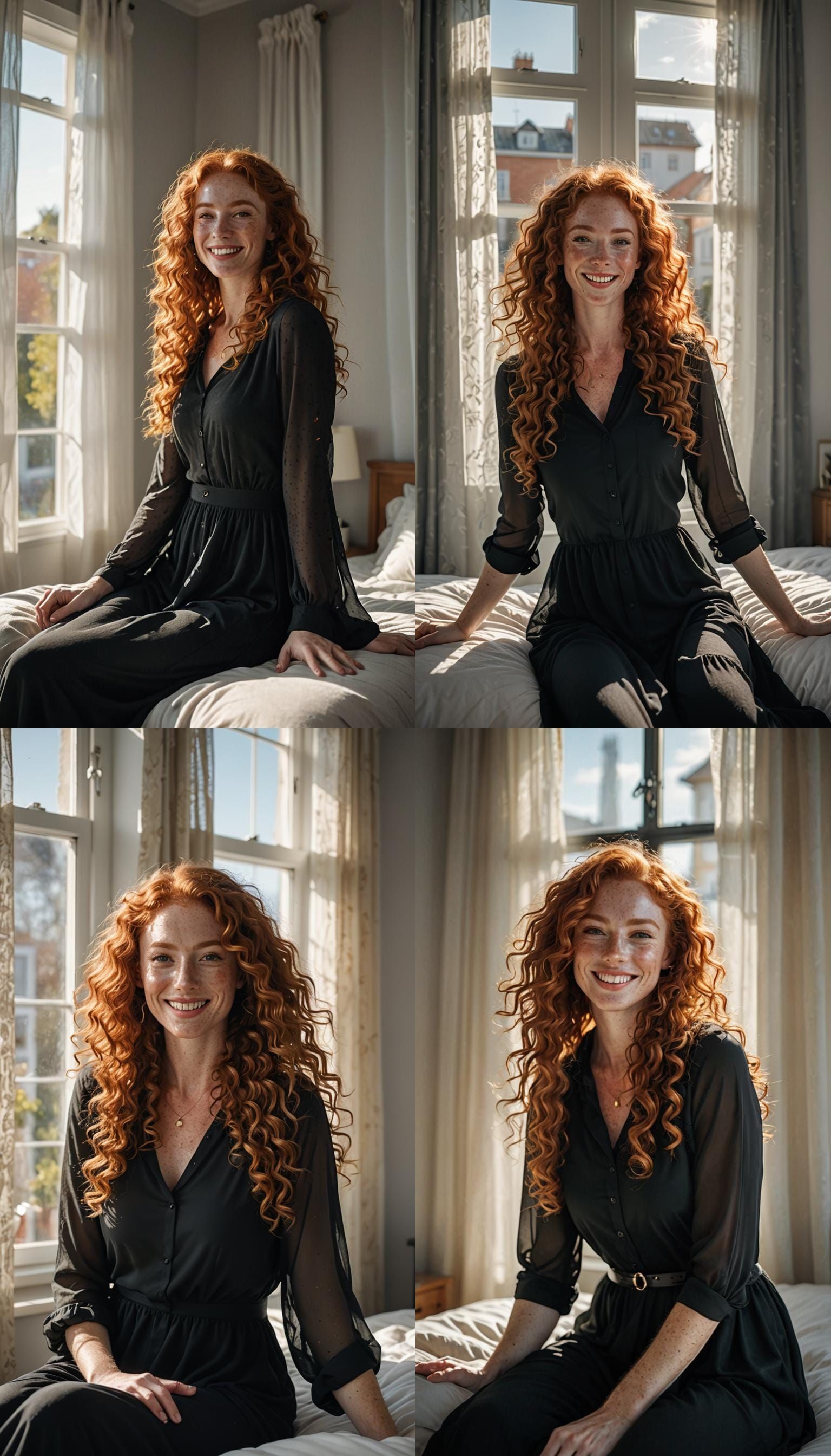 A woman with, long curly ginger hair