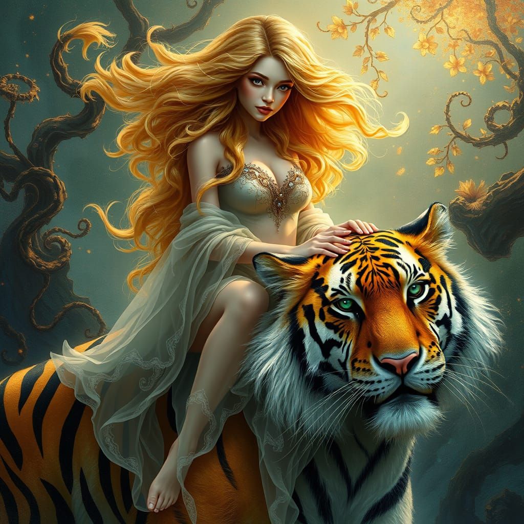 Golden Goddess on a Majestic Tiger in a Surreal Realm