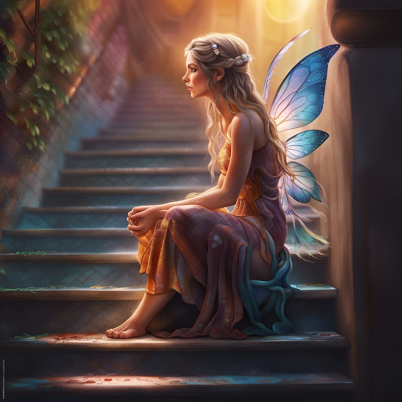 Fairy Praying on Stairs: Hyperrealistic Splash Art