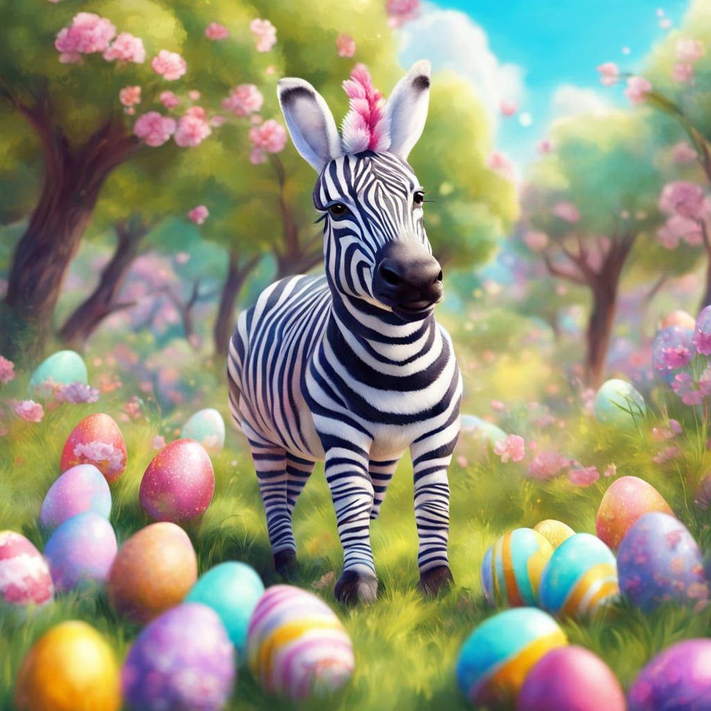 Whimsical Zebra Delivers Easter Eggs in Sunny Meadow
