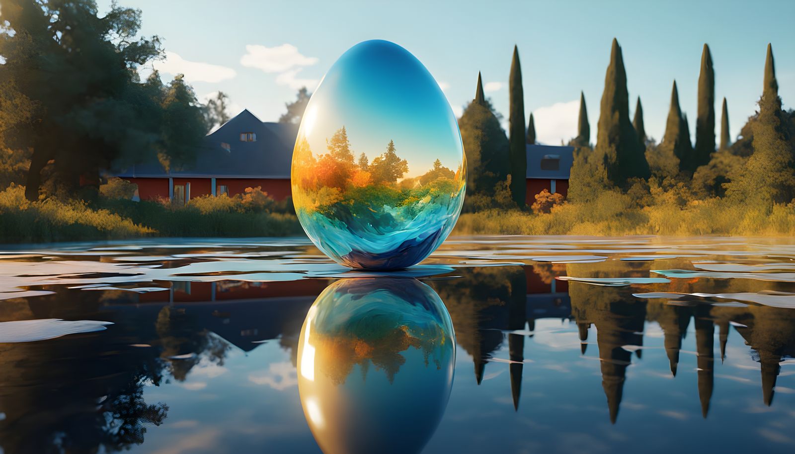 Surreal Glass Egg Scene in Dreamlike Farmyard