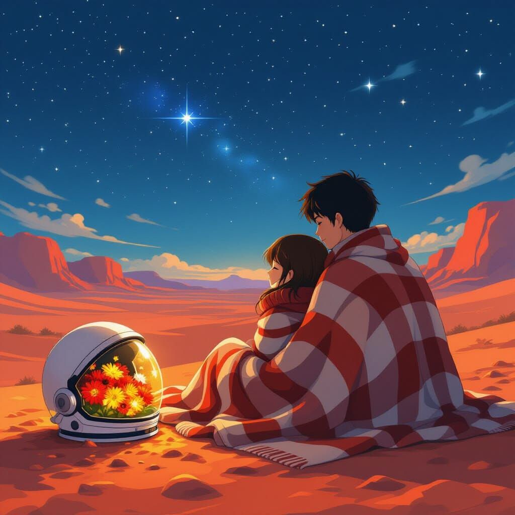 Stargazing Couple on Mars with Flowers, Anime Style