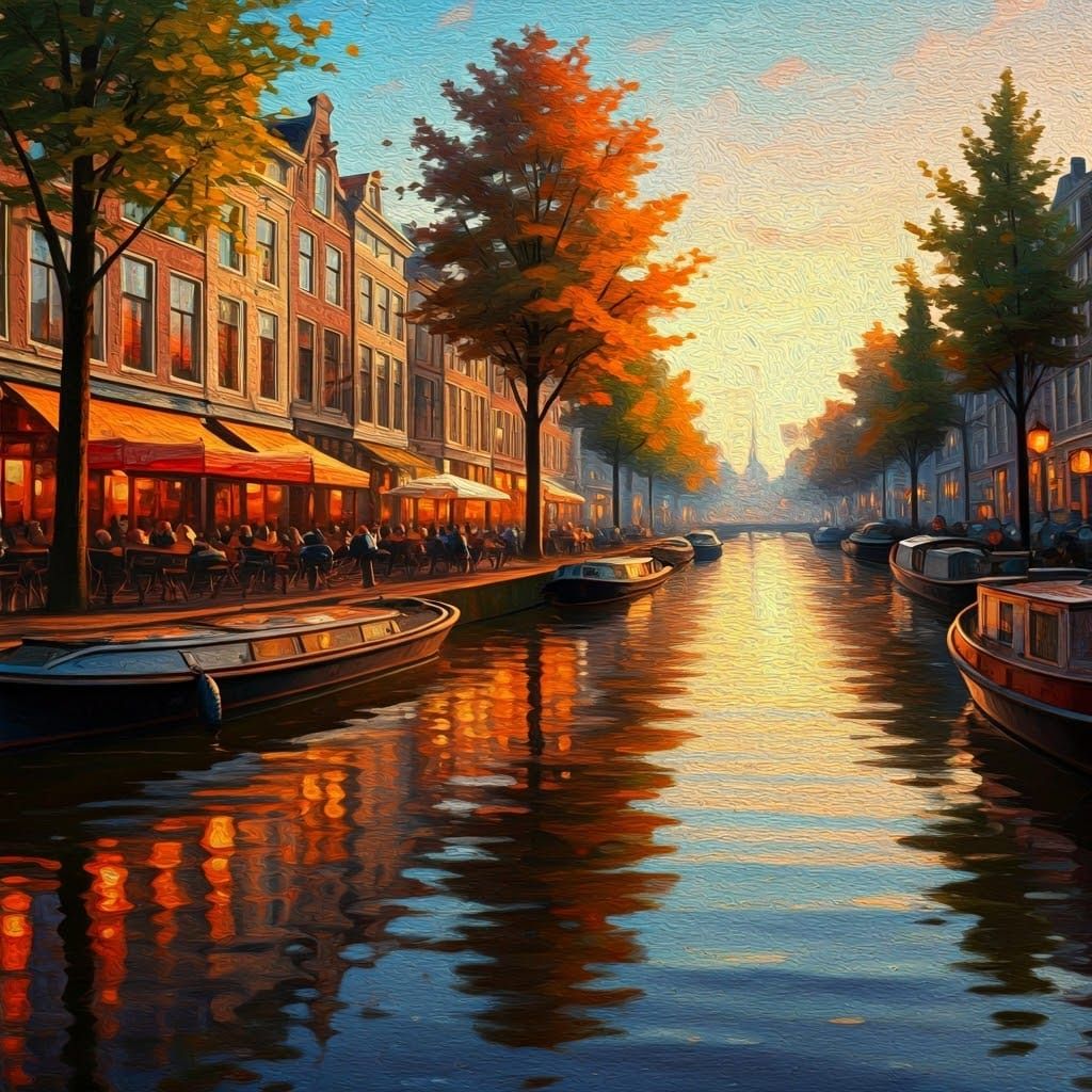 Rotterdam Canal at Sunset: Impressionist Oil Painting