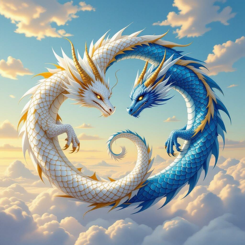 Two Dragons Dance in Perfect Harmony in a Celestial Sky