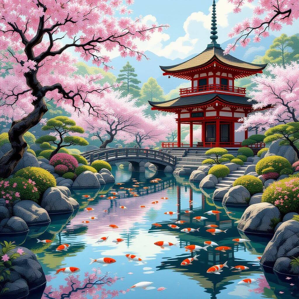 Japanese Garden in Art Nouveau Ghibli Style