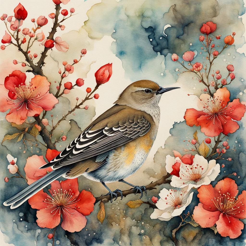 Japanese nightingale between flowers