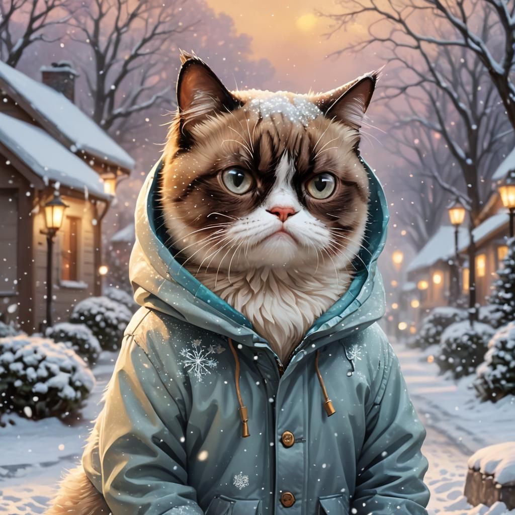 Grumpy Cat Shovels Snow: A Kawaii Digital Portrait