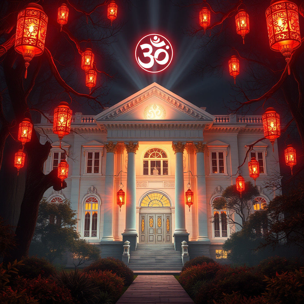 Majestic Marble Mansion in Illuminated Night Forest