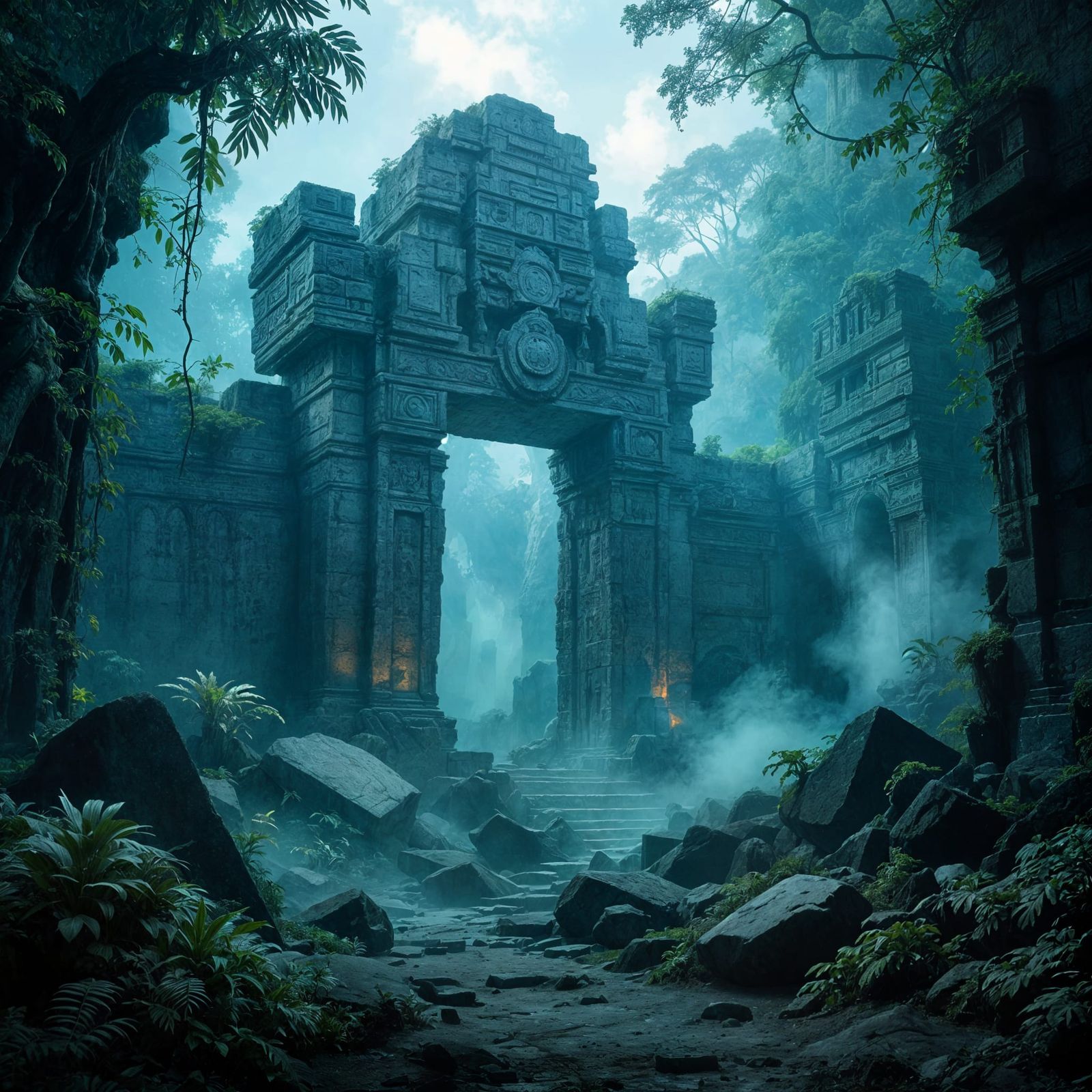 Ancient Jungle Ruin in Ethereal Mist