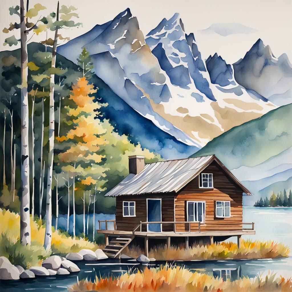 Watercolor Wood House by Lake with Children
