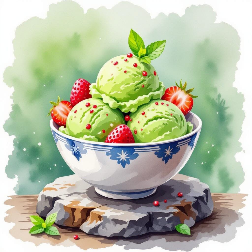 Exotic Matcha Strawberry Ice Cream in Watercolor Style