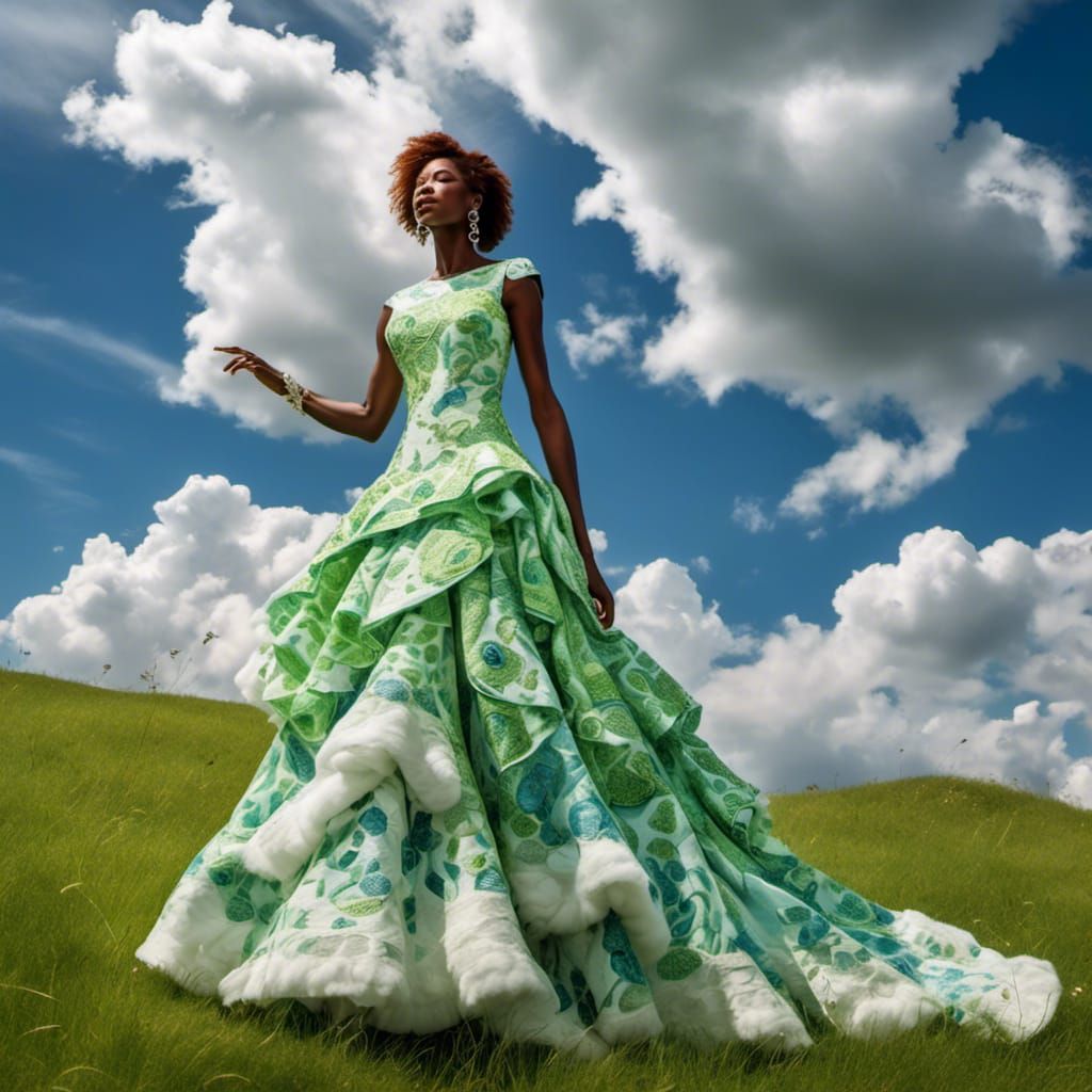 Woman in Red Gown: Digital Art in Lush Meadow