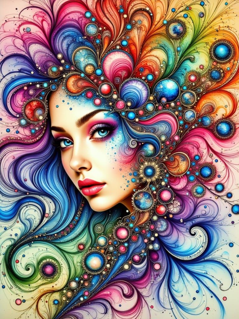 Vibrant Portrait of a Woman with Long Hair in Intricate Alco...