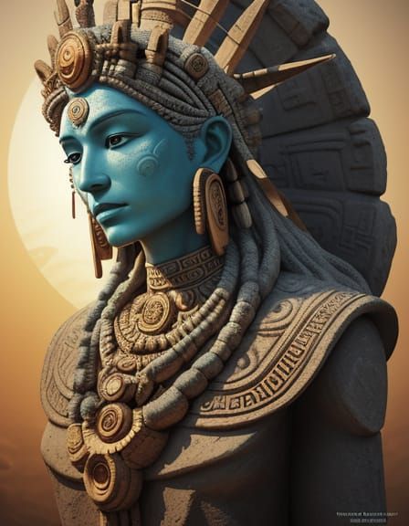 Cosmic Calendar Statue with Sun Discs and Mayan Headdress
