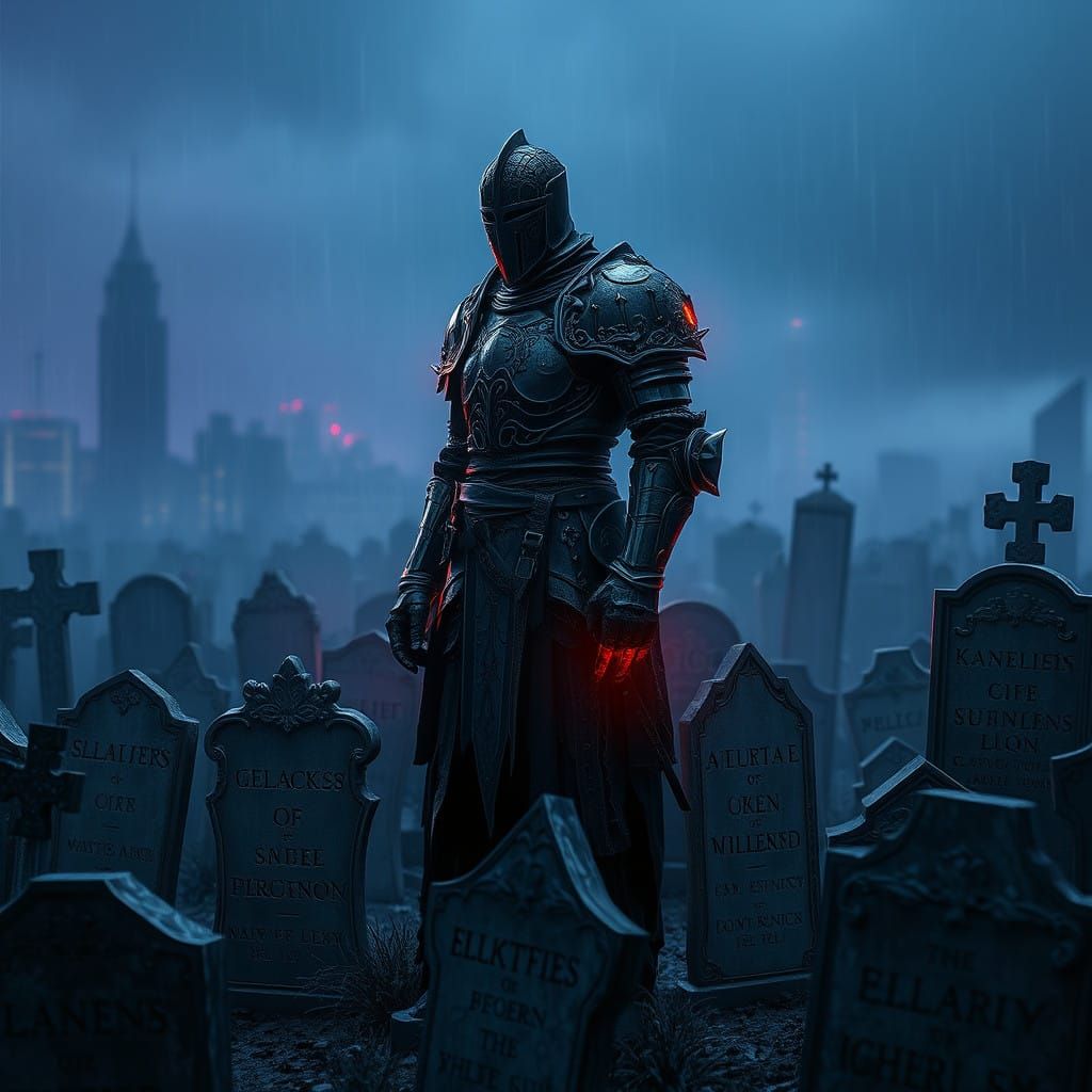 Gothic Knight in a Futuristic Cemetery