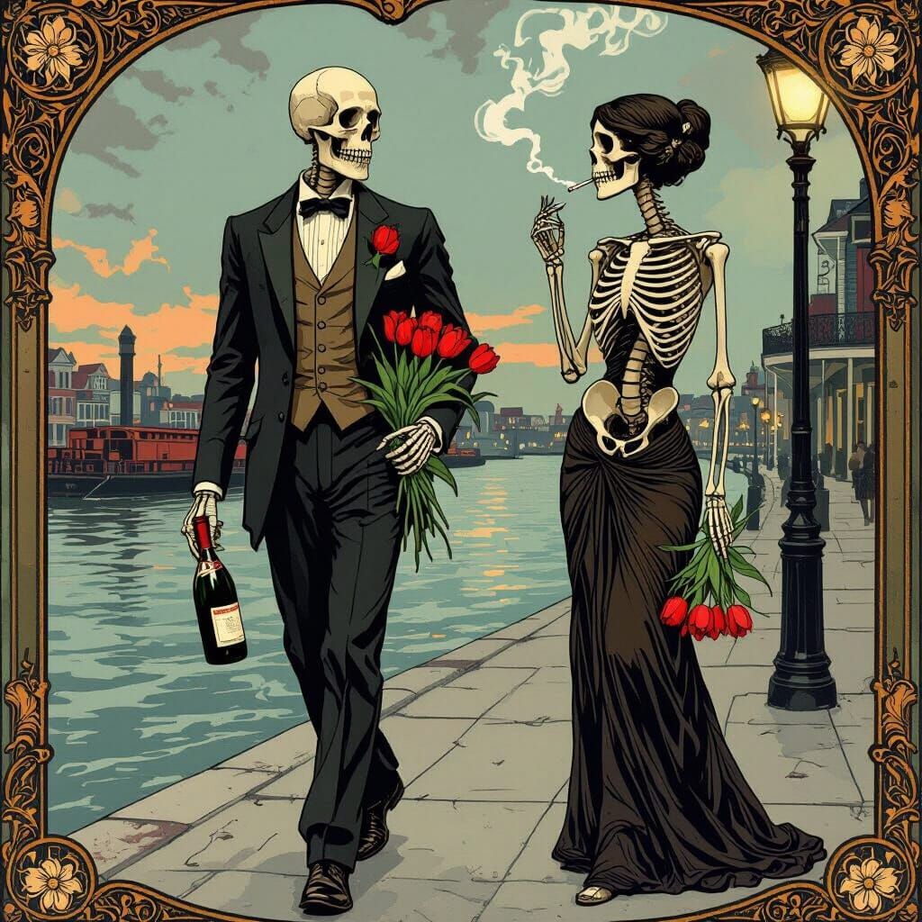 Skeletal Lovers Meet on New Orleans Sidewalk