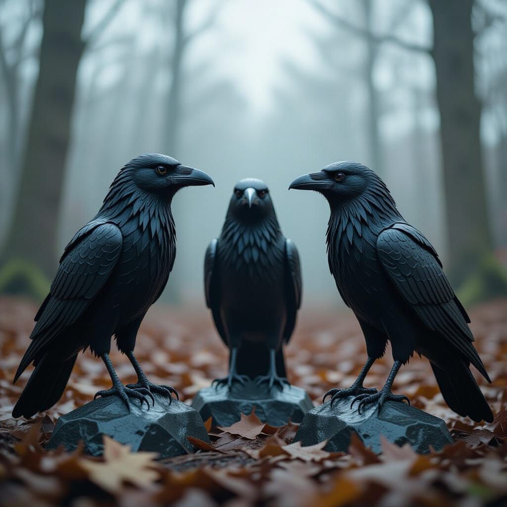 Three Metal Ravens in a Cinematic Forest Display