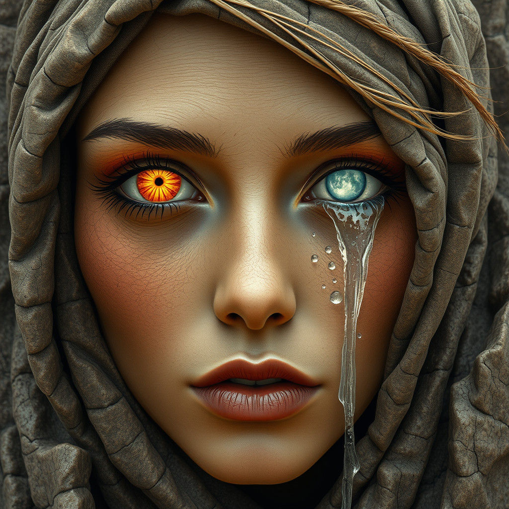 Weathered Stone Woman with Cosmic Eyes