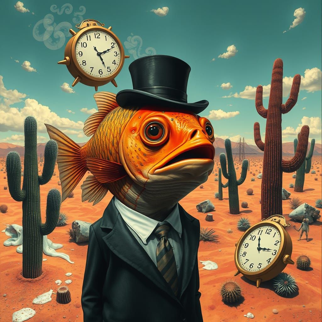Talking Fish in Desert Landscape as Surreal Art