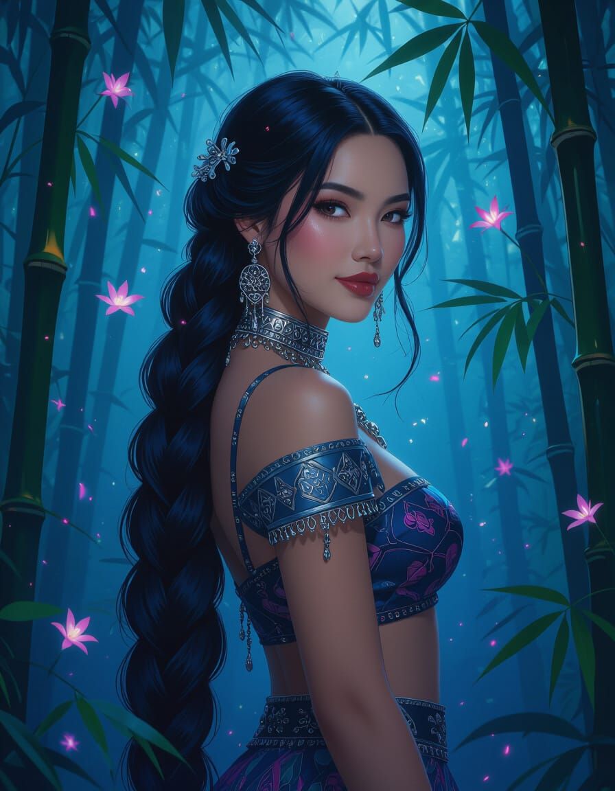 Hmong Woman in Bioluminescent Bamboo Forest as Art Nouveau