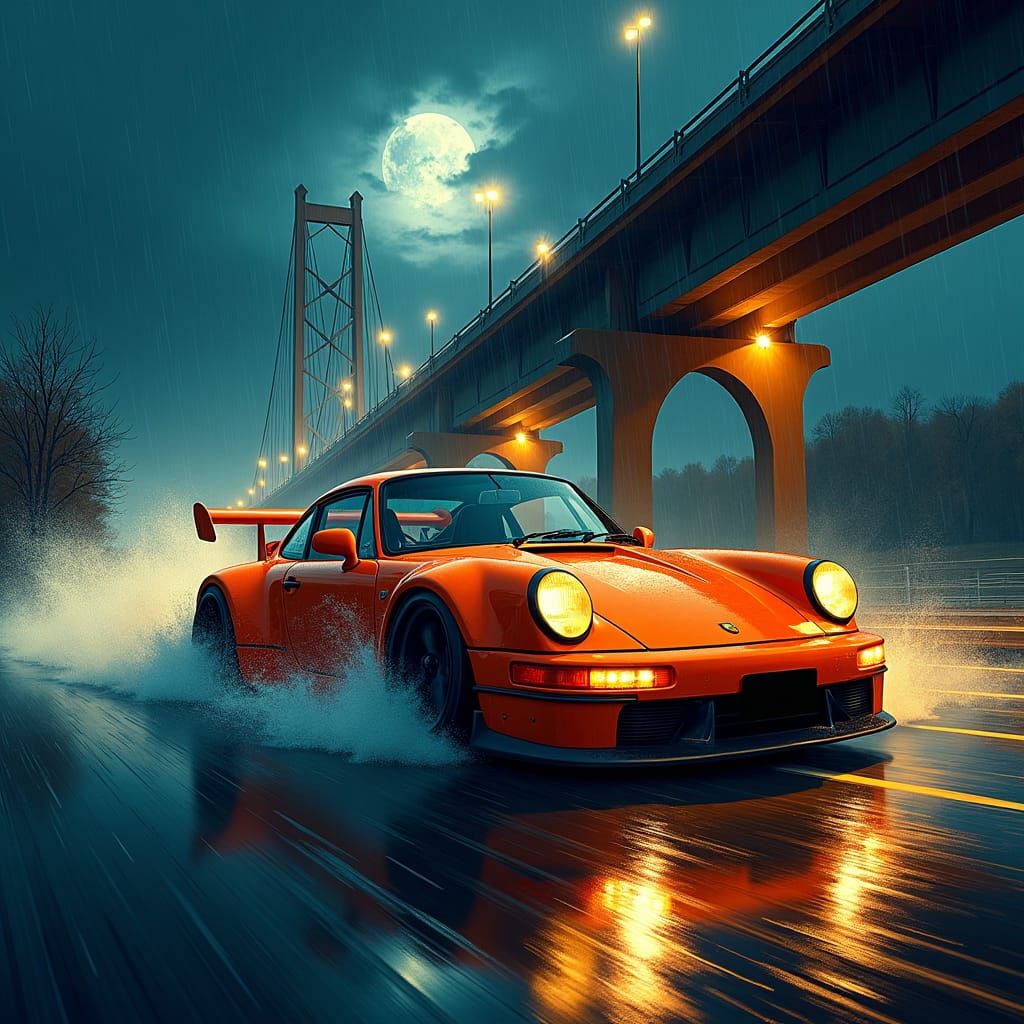Porsche in Stormy Night: Hyperrealistic Concept Art
